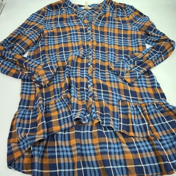 Matilda Jane Full Button Tunic Plaid Flannel Orange Blue Back Ruffle L - Picture 1 of 3